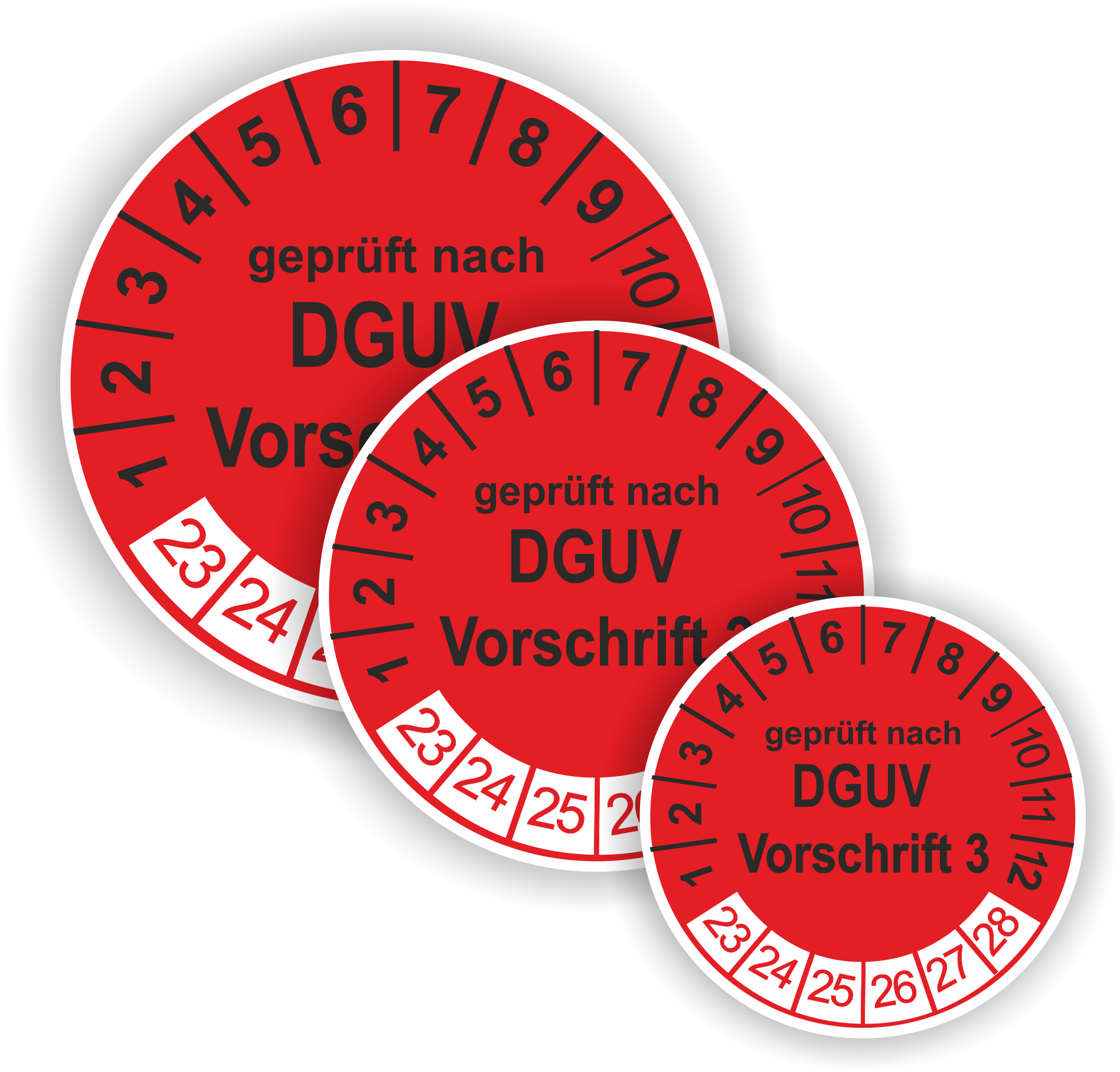 Prüfplaketten DGUV.3 als Aufkleber — 60 Stück — Ø 20, 30 oder 35 mm — Farbe: Rot