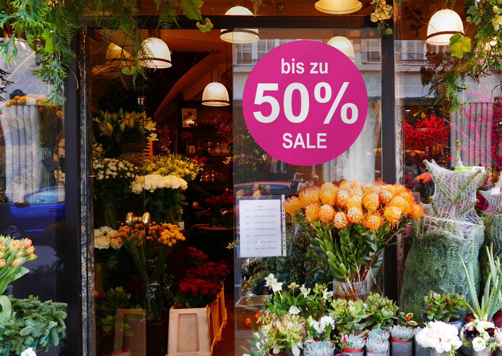 bis zu 50% SALE Aufkleber - für Schaufenster Rabatt Ausverkauf Schlussverkauf SSV WSV % — Farbe: Pink-Weiß