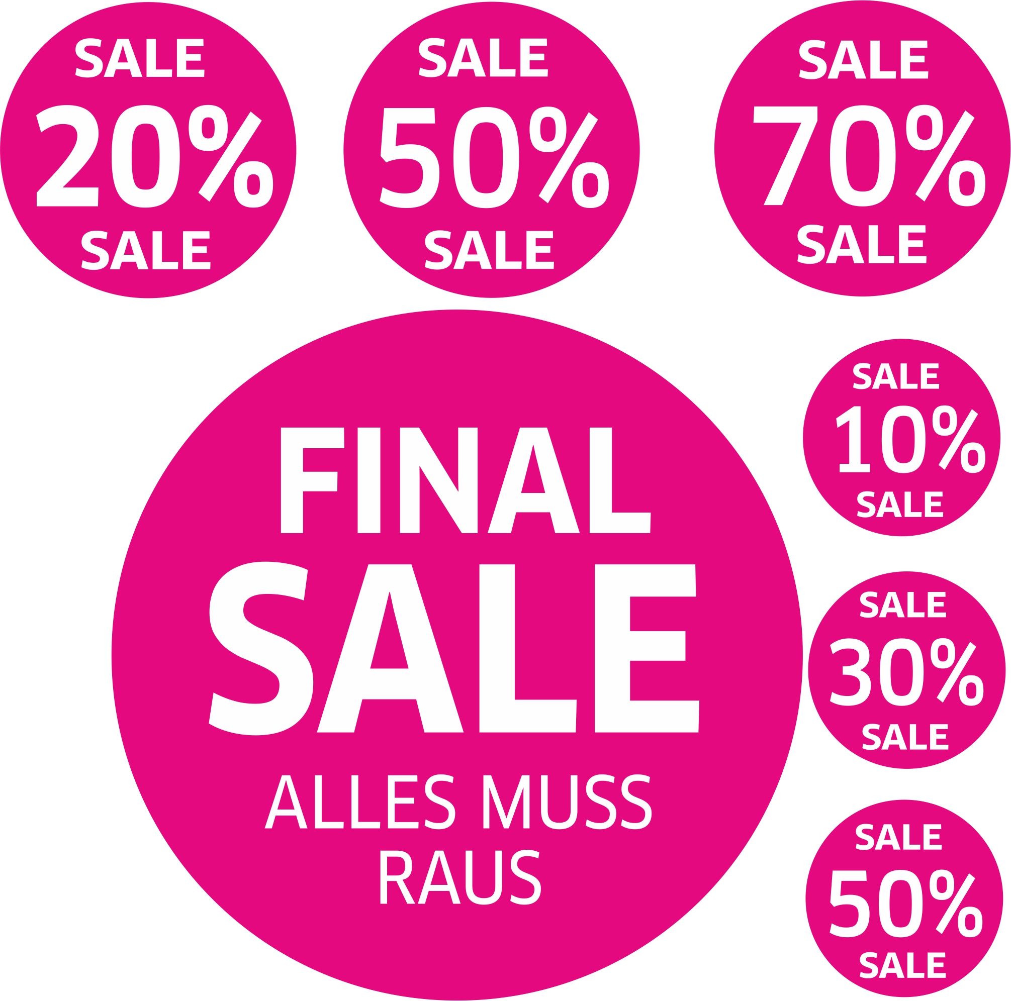 7x SALE Aufkleber Set, Farbe pink – Rabatt Sticker für Schaufenster | Final Sale & Reduziert | SSV WSV Ausverkauf Werbeaufkleber 