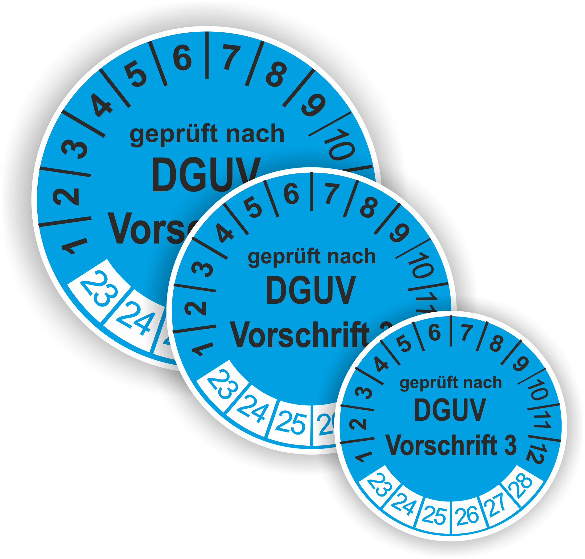 Prüfplaketten DGUV.3 als Aufkleber — 60 Stück — Ø 20 oder 30 mm — Farbe: Blau