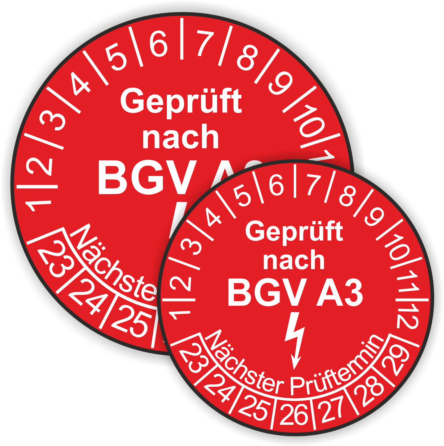 Prüfplaketten BGV als Aufkleber — 60 Stück — Ø 20 oder 30 mm — Farbe: Rot