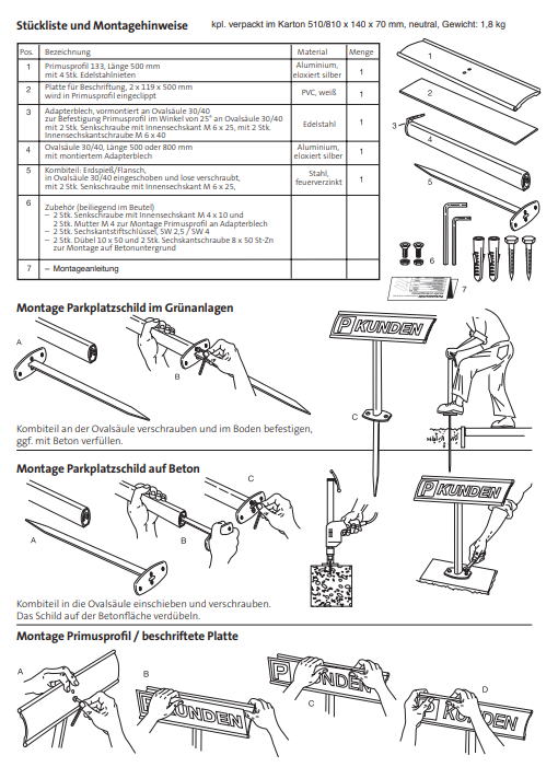 Parkplatzschild mit Pfosten 119 x 500 mm aus eloxierten Aluminiumprofilen