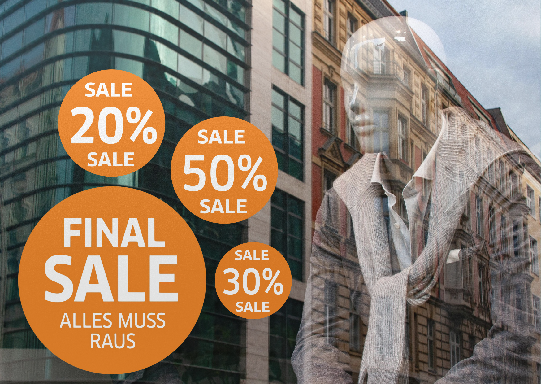 7x SALE Aufkleber Set, Farbe orange – Rabatt Sticker für Schaufenster | Final Sale & Reduziert | SSV WSV Ausverkauf Werbeaufkleber 
