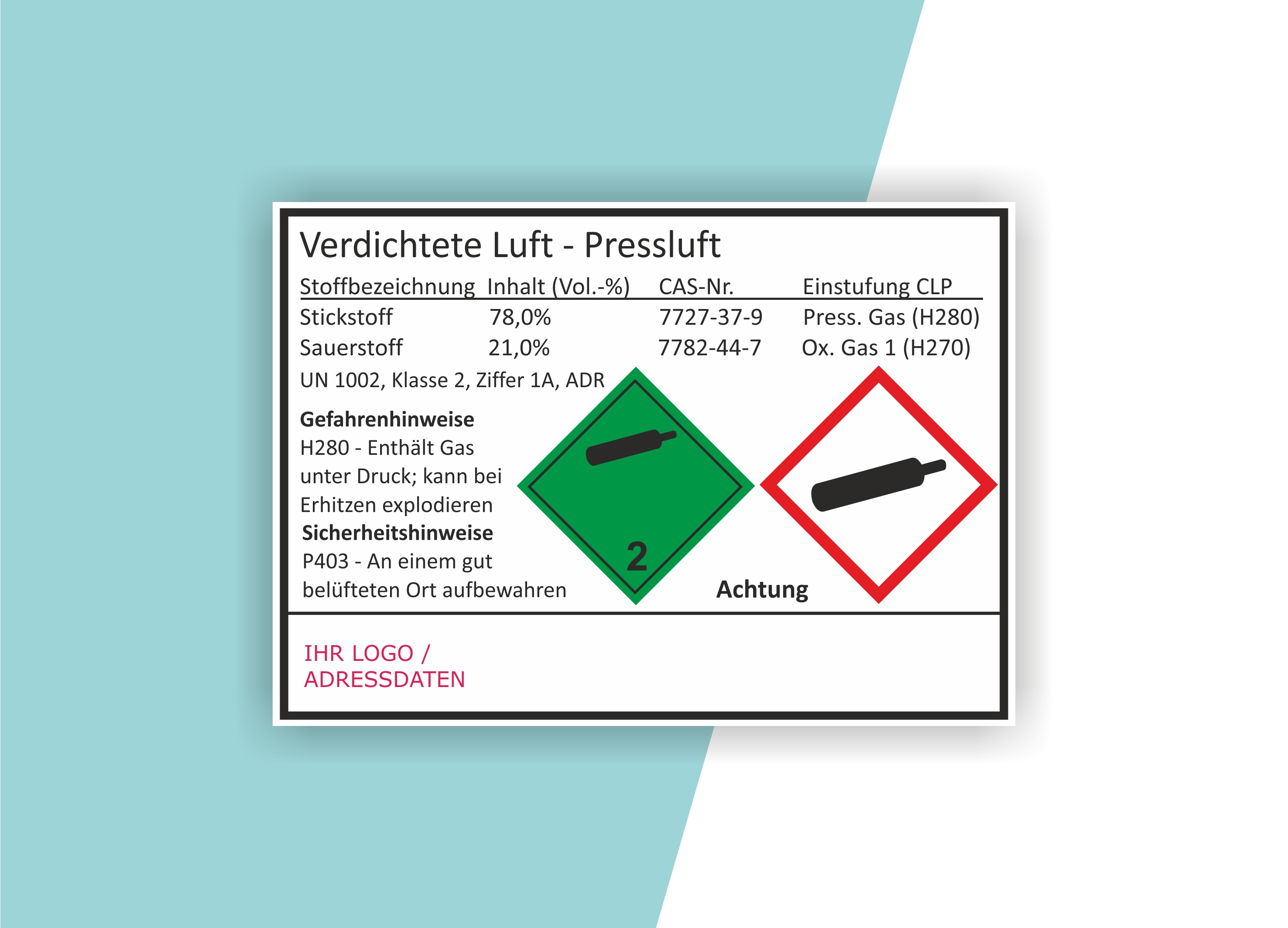 Gefahrgut-Aufkleber "Verdichtete Luft - Pressluft" mit individueller Adresse & Logo 