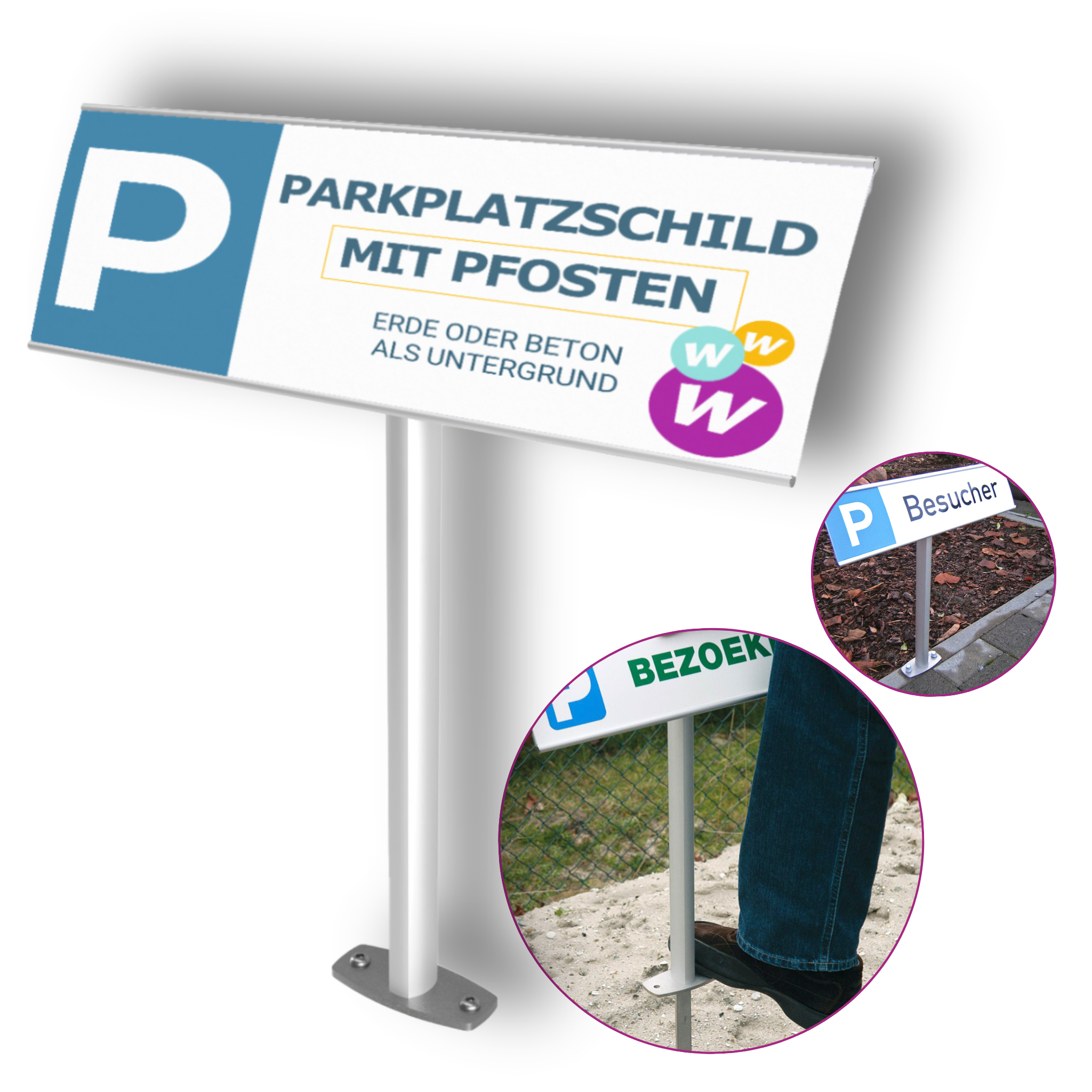 Parkplatzschild mit Pfosten 119 x 500 mm aus eloxierten Aluminiumprofilen