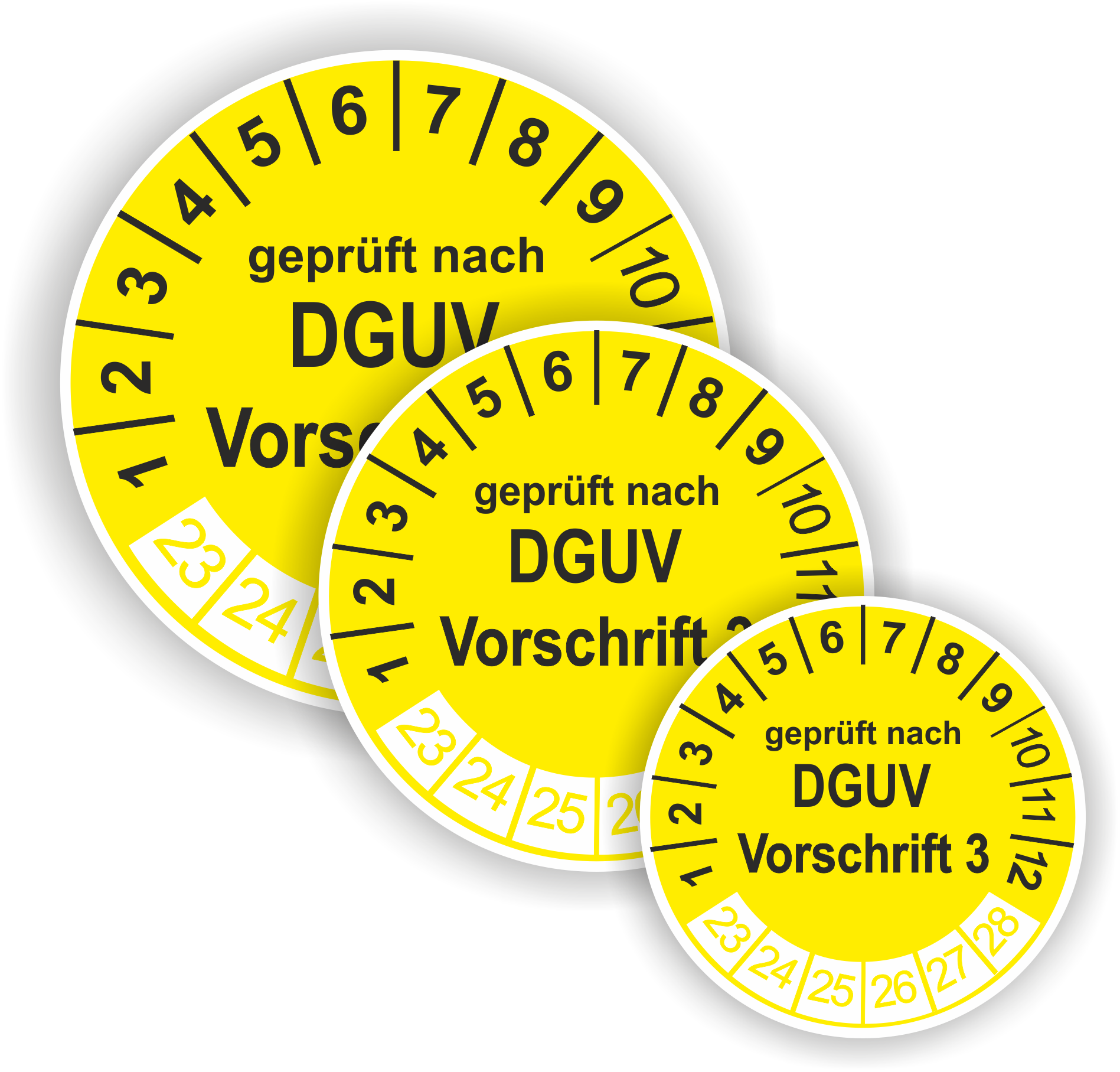 Prüfplaketten DGUV.3 als Aufkleber — 60 Stück — Ø 20, 30 oder 35  mm — Farbe: Gelb