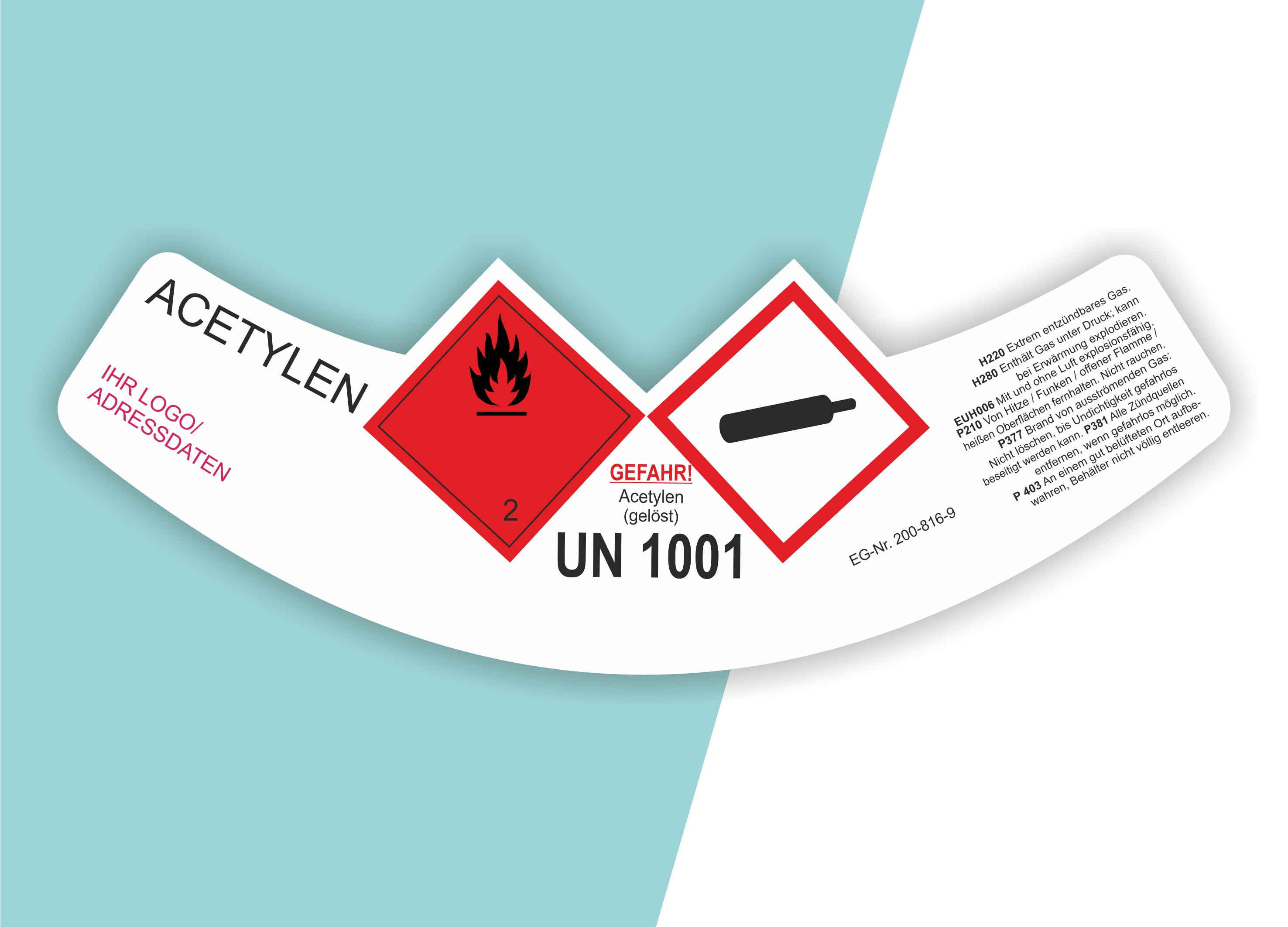 Gefahrgut-Aufkleber "Acetylen - gelöst" mit individueller Adresse & Logo