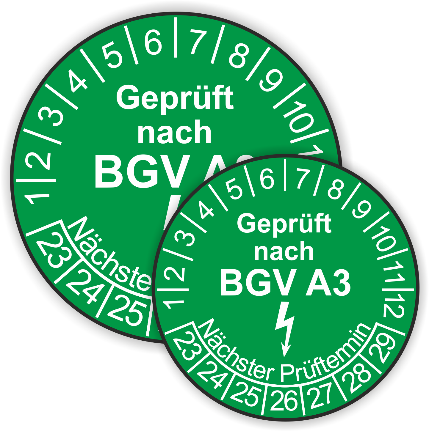 Prüfplaketten BGV als Aufkleber — 60 Stück — Ø 20 oder 30 mm — Farbe: Grün