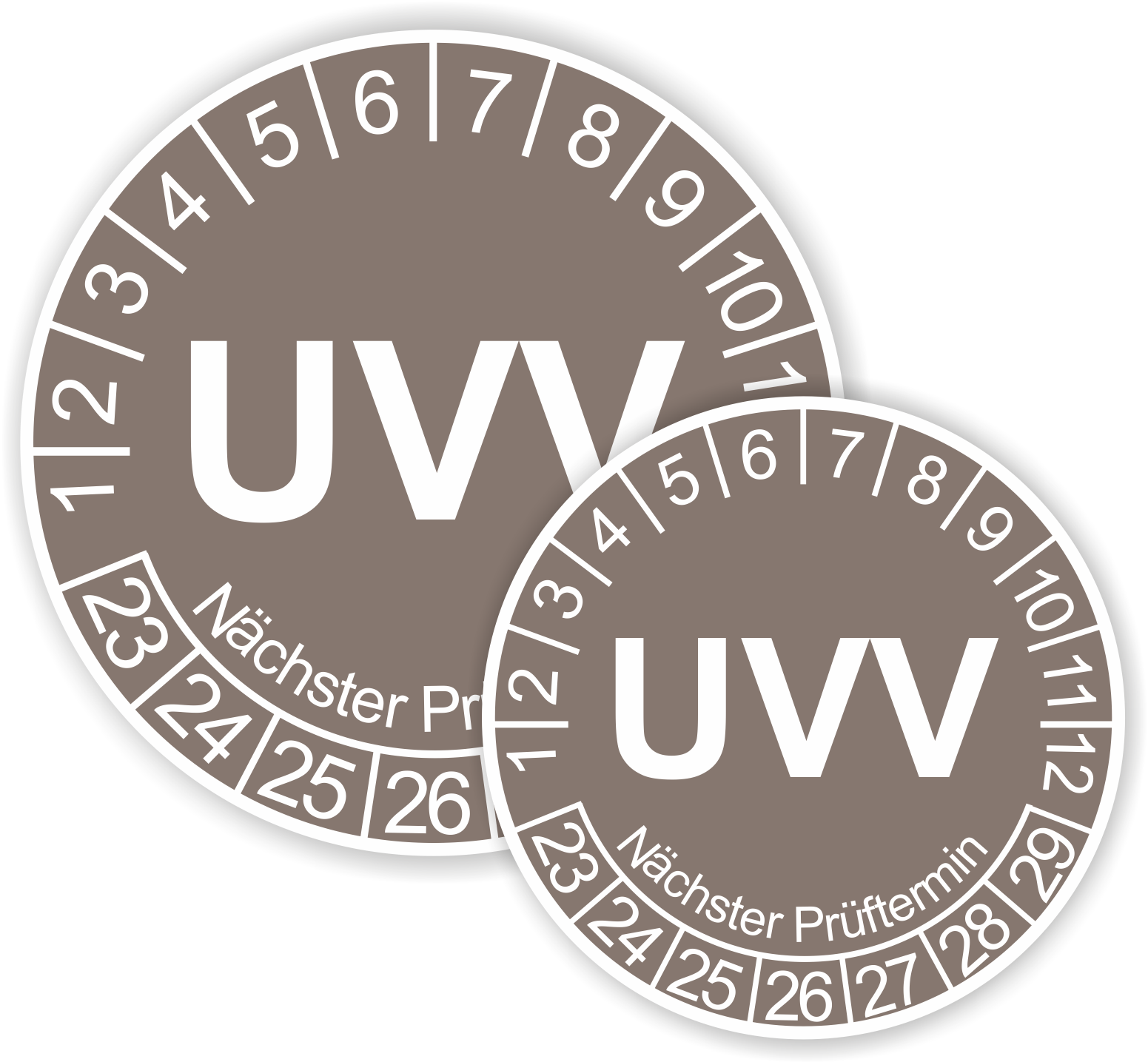 Prüfplaketten UVV als Aufkleber — 60 Stück — Ø 20 oder 30 mm — Farbe: Braun