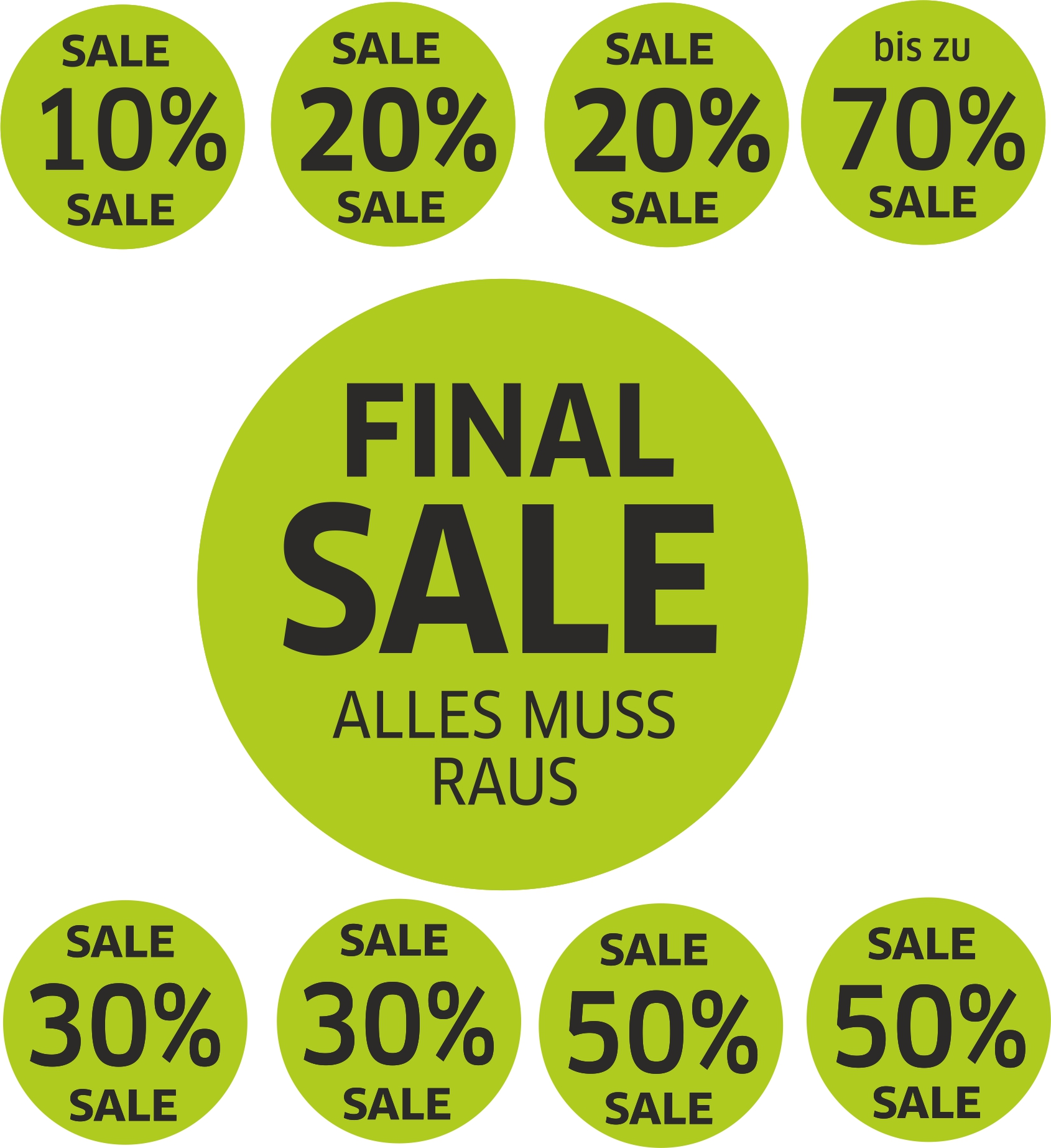 9x SALE Aufkleber Set, Farbe grün-schwarz – Rabatt Sticker für Schaufenster | Final Sale & Reduziert | SSV WSV Ausverkauf Werbeaufkleber 