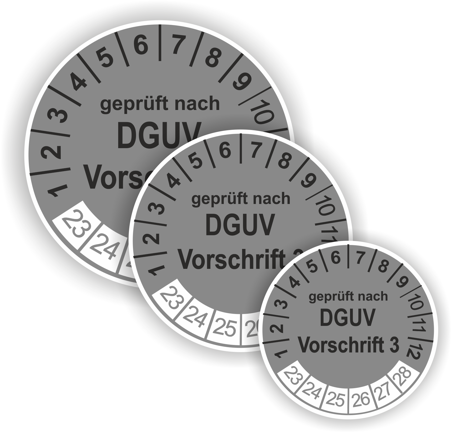 Prüfplaketten DGUV.3 als Aufkleber — 60 Stück — Ø 20 oder 30 mm — Farbe: Grau