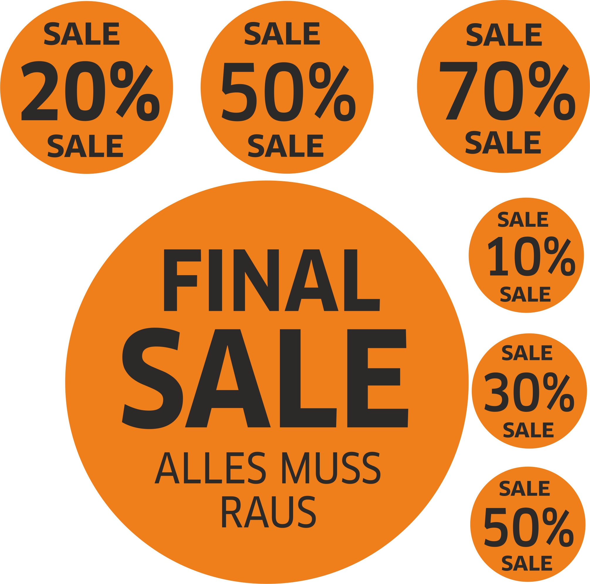 7x SALE Aufkleber Set, Farbe orange-schwarz – Rabatt Sticker für Schaufenster | Final Sale & Reduziert | SSV WSV Ausverkauf Werbeaufkleber