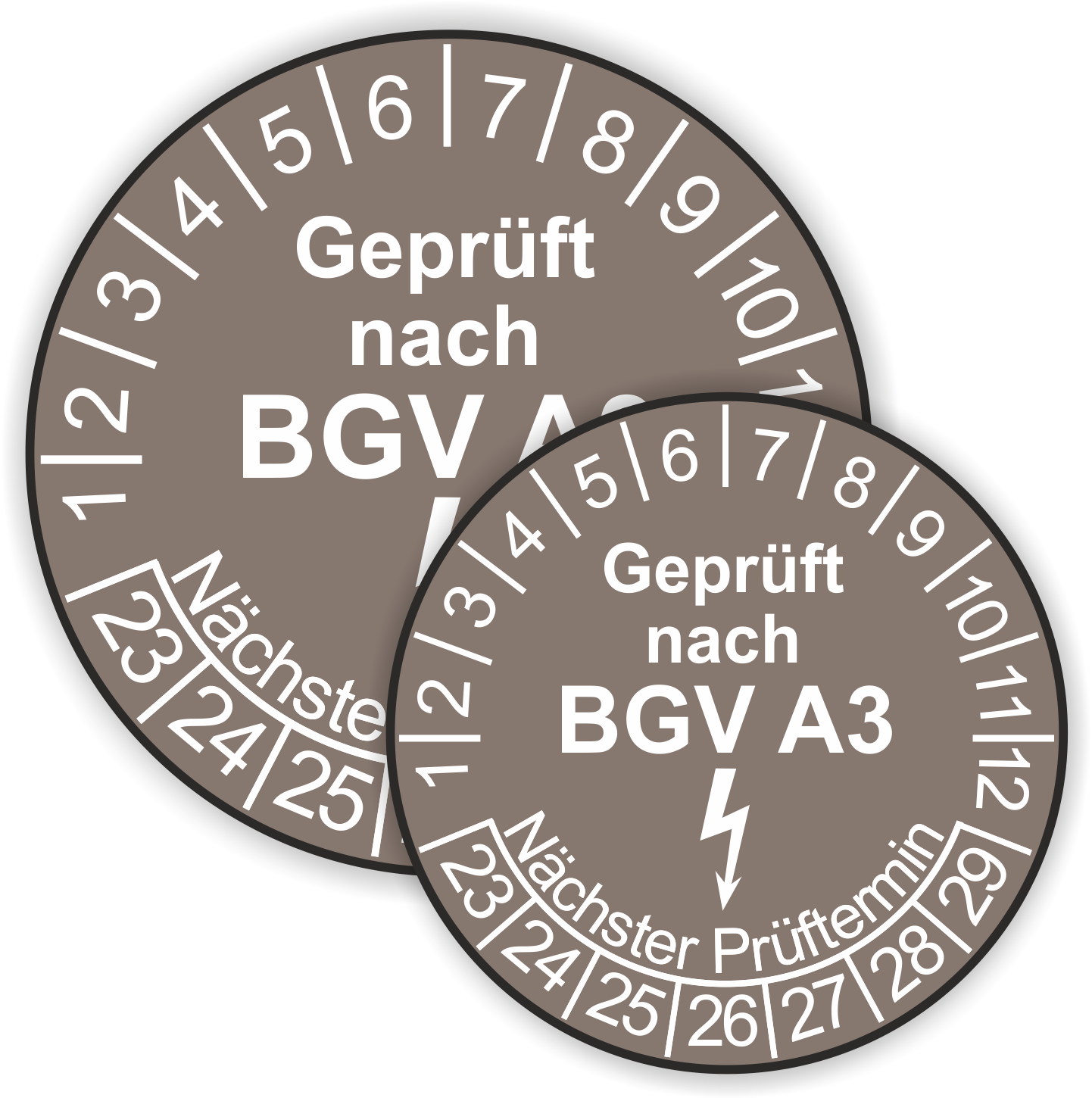 Prüfplaketten BGV als Aufkleber — 60 Stück — Ø 20 oder 30 mm — Farbe: Braun