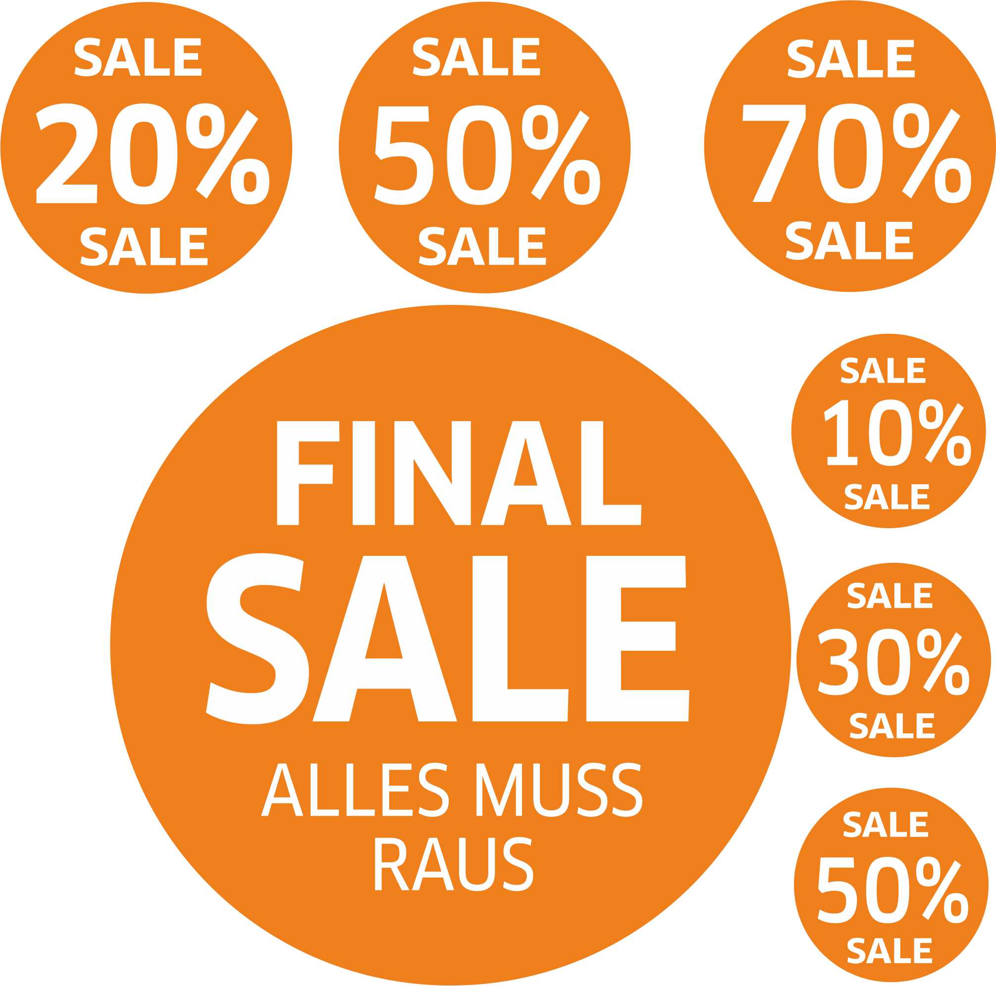 7x SALE Aufkleber Set, Farbe orange – Rabatt Sticker für Schaufenster | Final Sale & Reduziert | SSV WSV Ausverkauf Werbeaufkleber 