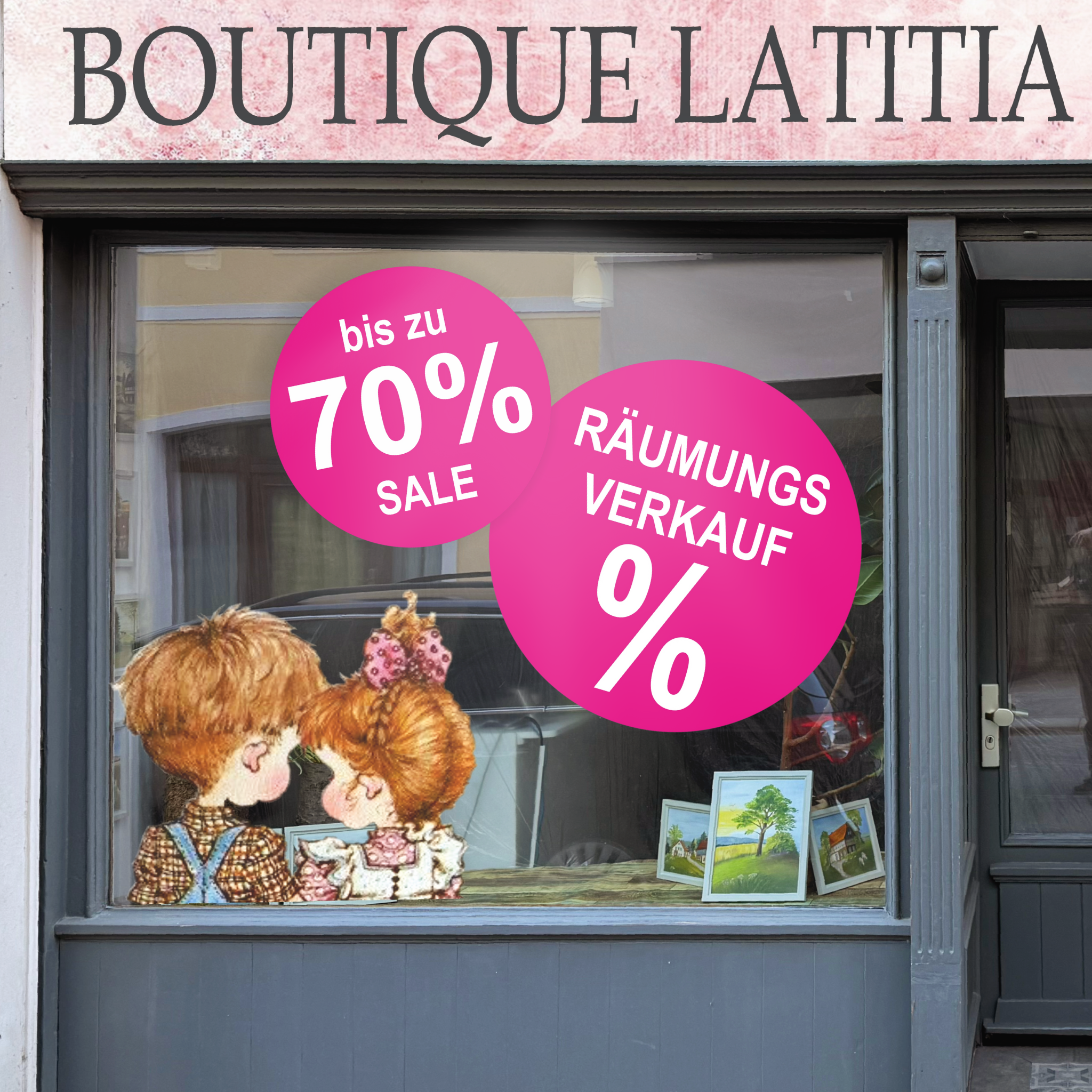 Räumungsverkauf SALE Aufkleber Schaufenster Rabatt Ausverkauf Schlussverkauf SSV WSV % — Farbe: Pink-Weiß 