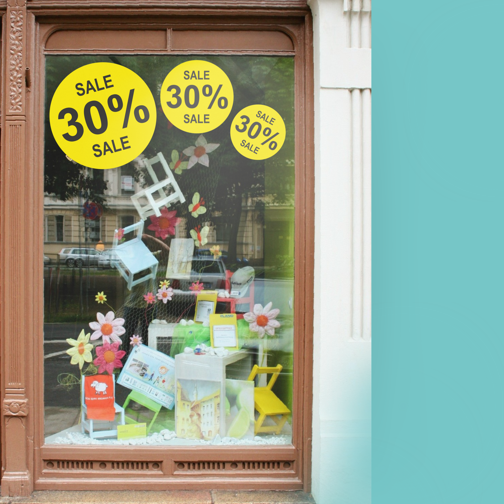 30% SALE Aufkleber Schaufenster Rabatt Ausverkauf Schlussverkauf SSV WSV % — Farbe: Gelb-Schwarz