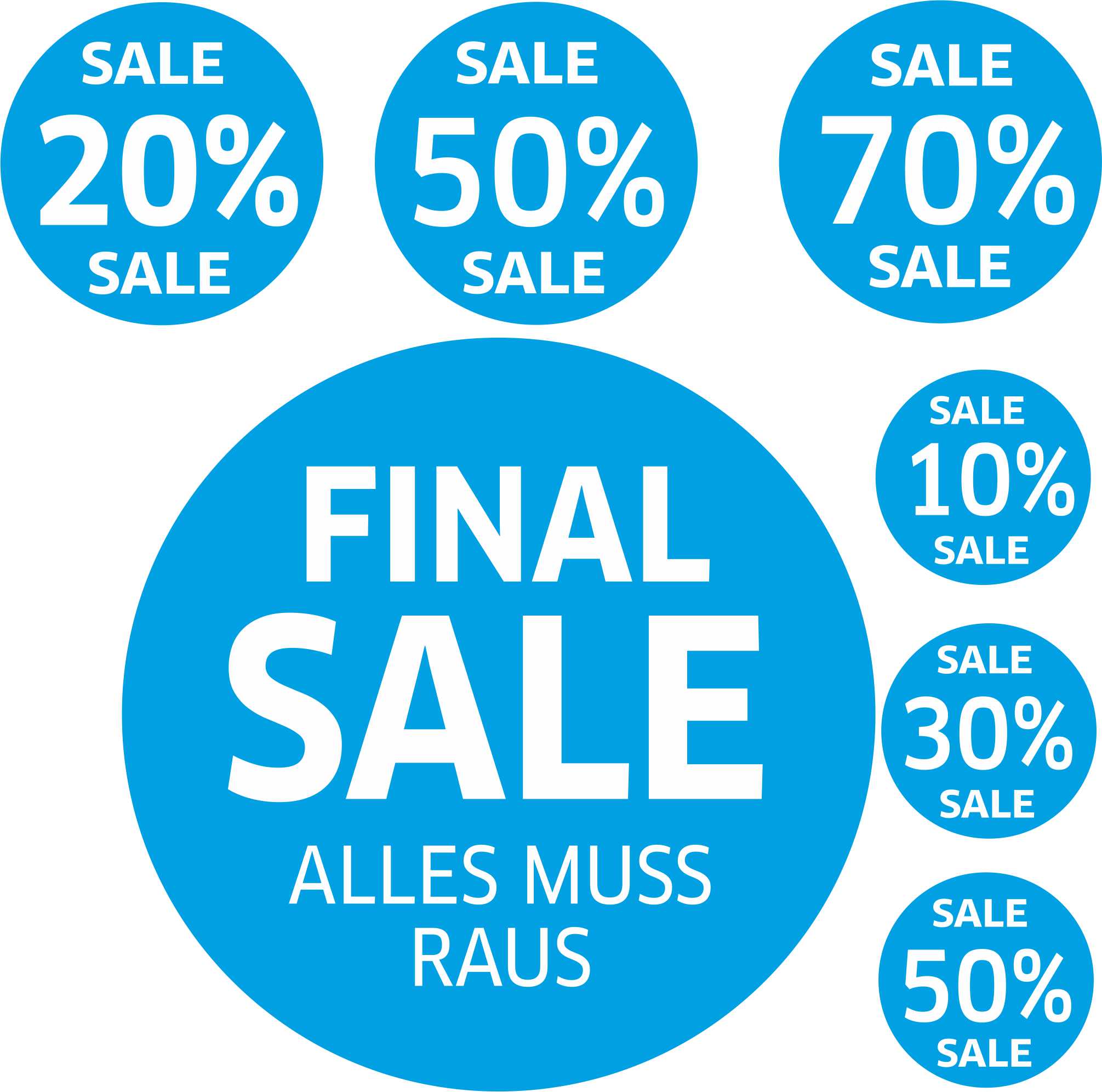 7x SALE Aufkleber Set, Farbe blau – Rabatt Sticker für Schaufenster | Final Sale & Reduziert | SSV WSV Ausverkauf Werbeaufkleber  