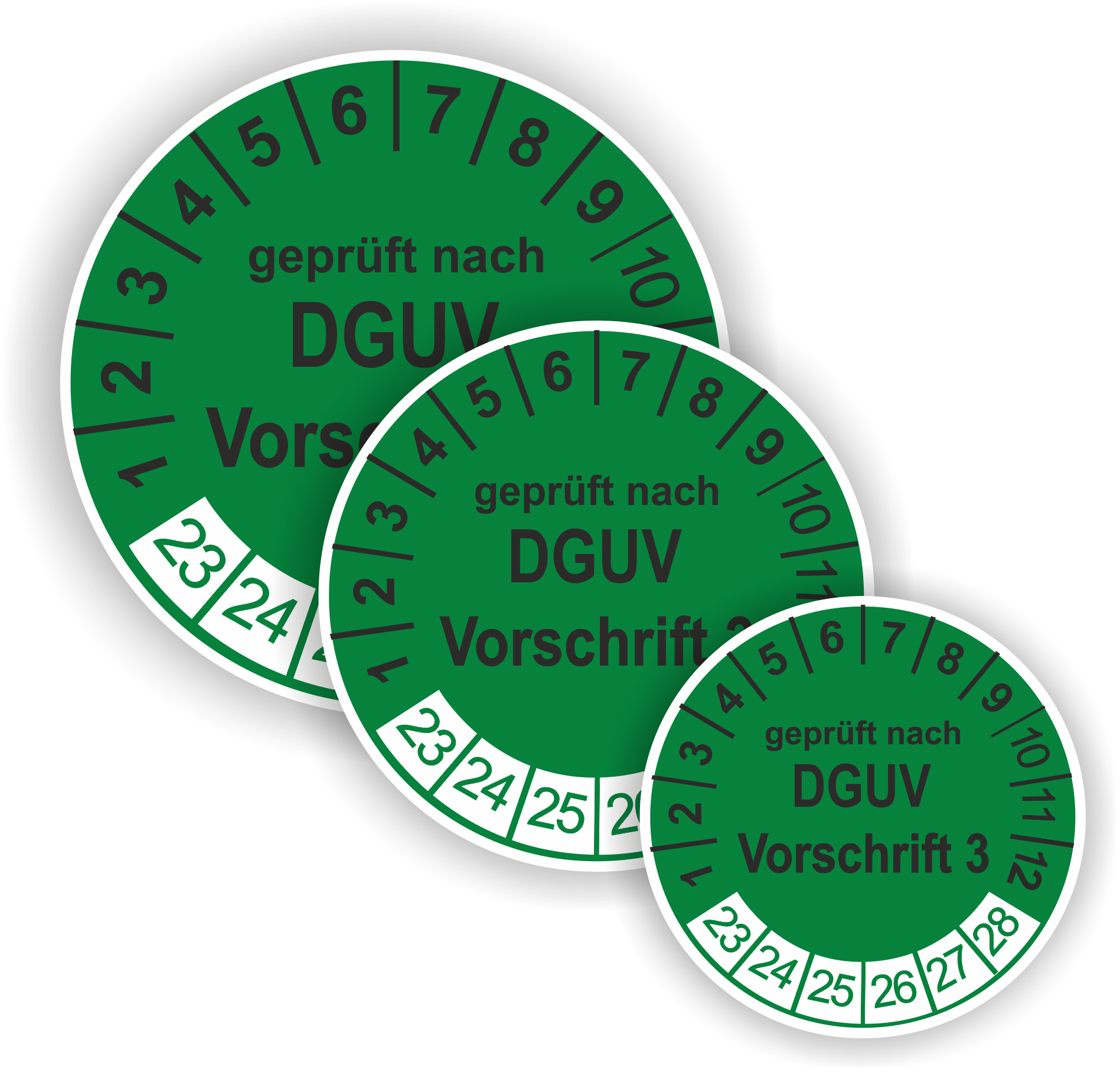Prüfplaketten DGUV.3 als Aufkleber — 60 Stück — Ø 20 oder 30 mm — Farbe: Grün