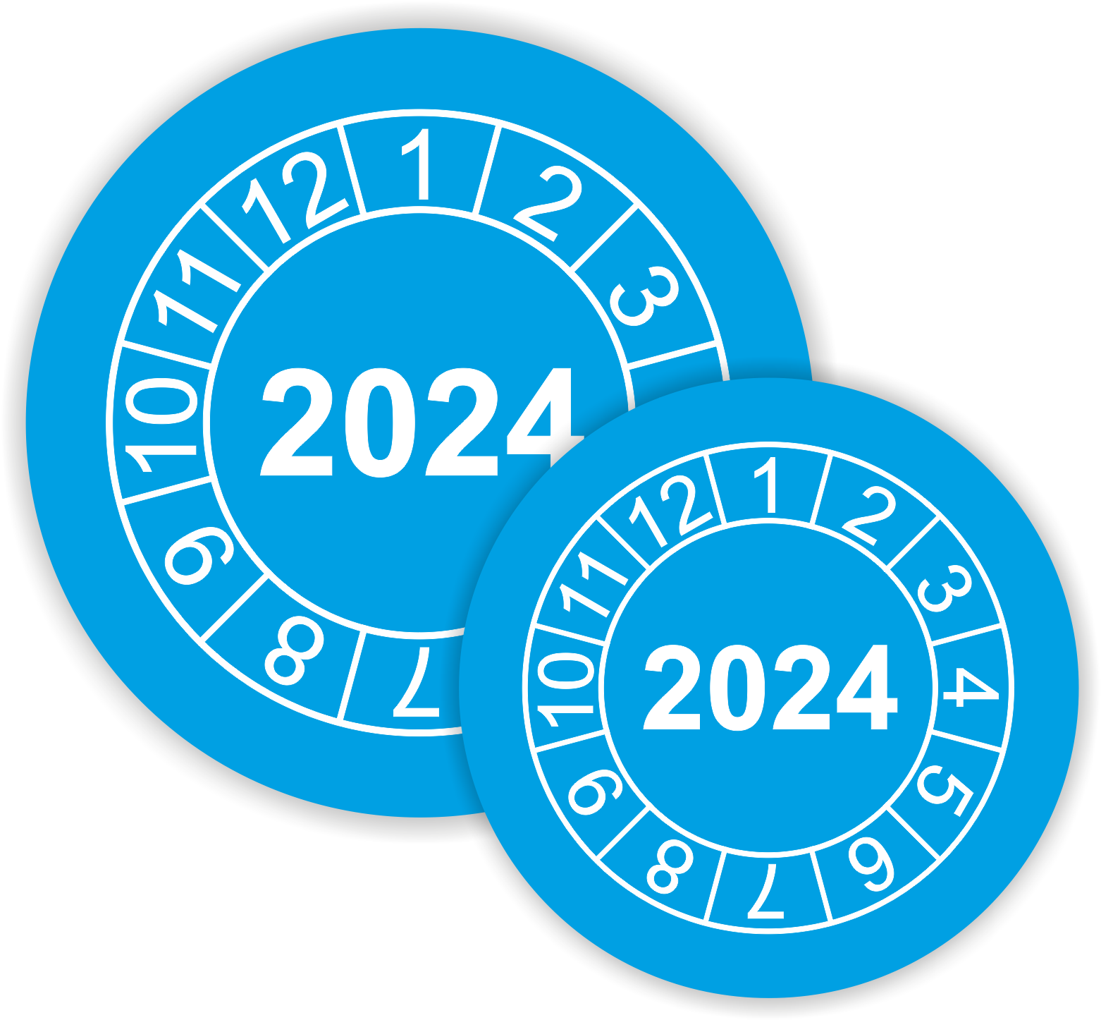 Prüfplaketten / Jahresplaketten "2024" als Aufkleber — 60 Stück — Ø 20 oder 30 mm 