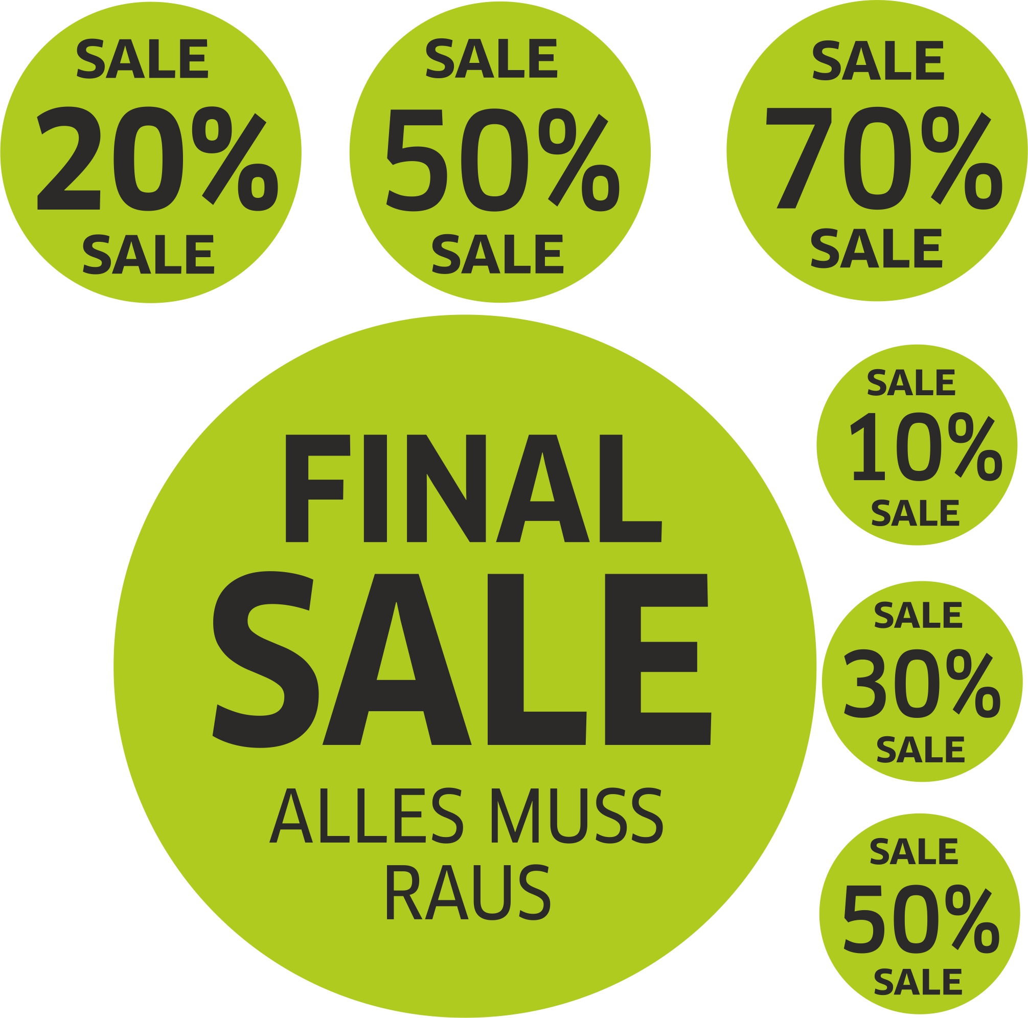 7x SALE Aufkleber Set, Farbe grün-schwarz – Rabatt Sticker für Schaufenster | Final Sale & Reduziert | SSV WSV Ausverkauf Werbeaufkleber 