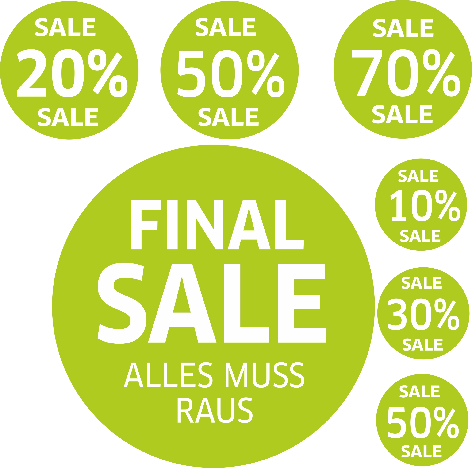 7x SALE Aufkleber Set, Farbe grün – Rabatt Sticker für Schaufenster | Final Sale & Reduziert | SSV WSV Ausverkauf Werbeaufkleber