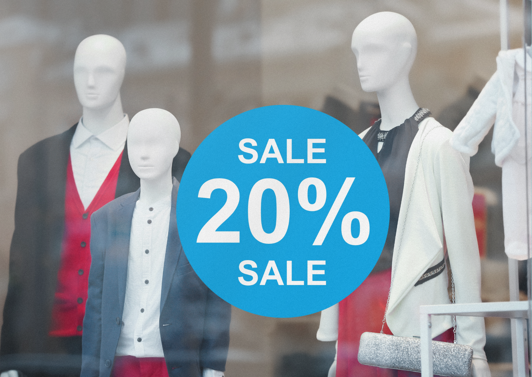 20% SALE Aufkleber Schaufenster Rabatt Ausverkauf Schlussverkauf SSV WSV % — Farbe: Blau-Weiß