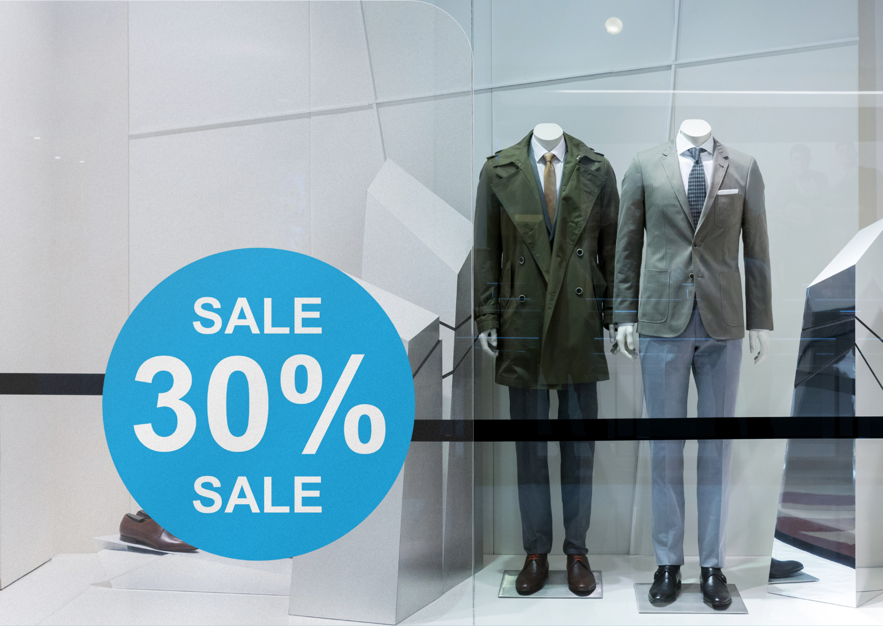 30% SALE Aufkleber Schaufenster Rabatt Ausverkauf Schlussverkauf SSV WSV % — Farbe: Blau-Weiß