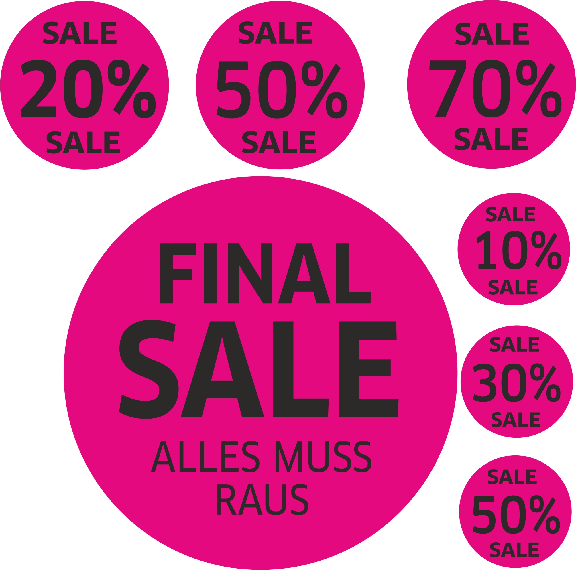 7x SALE Aufkleber Set, Farbe pink-schwarz – Rabatt Sticker für Schaufenster | Final Sale & Reduziert | SSV WSV Ausverkauf Werbeaufkleber