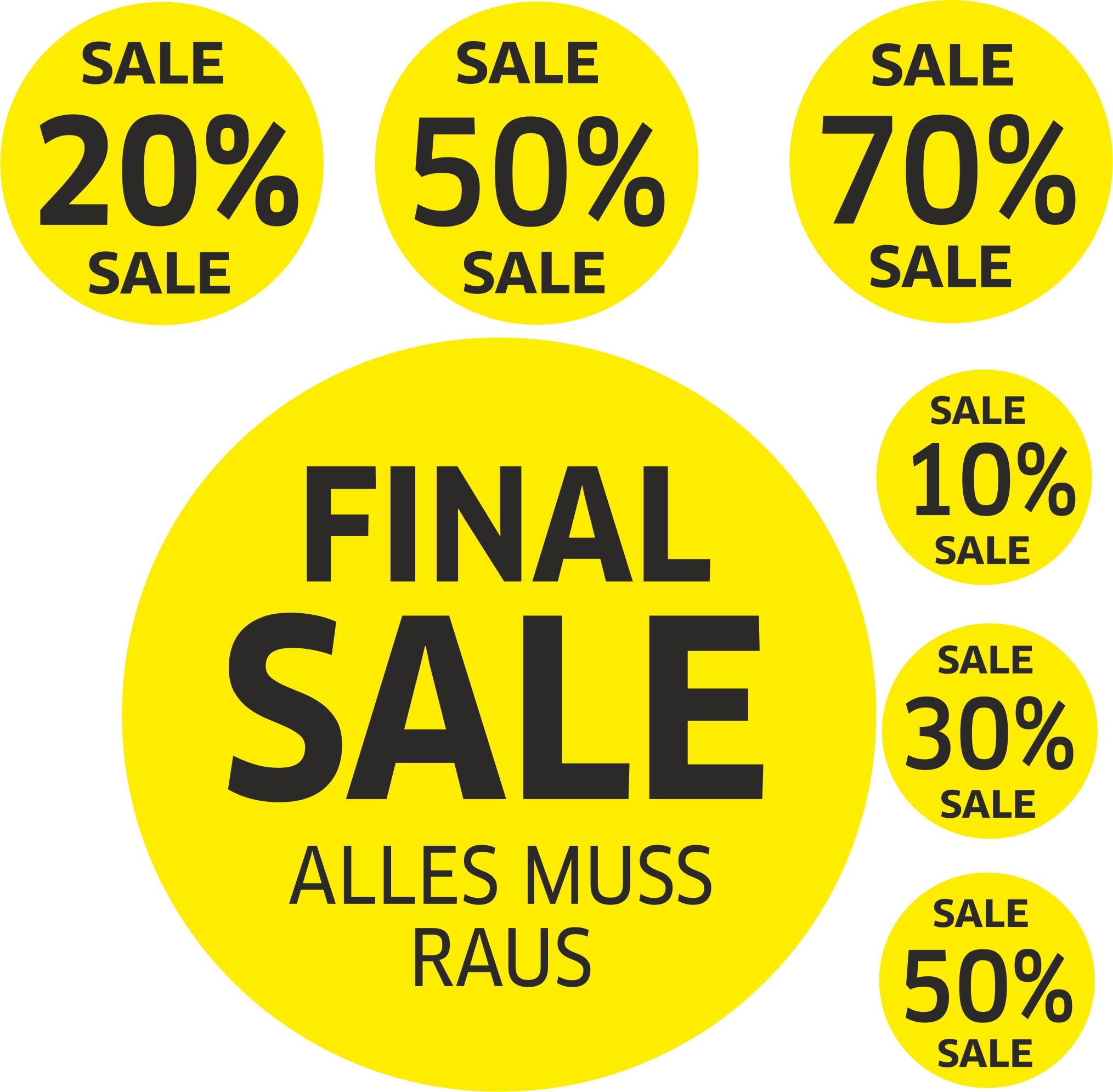 7x SALE Aufkleber Set, Farbe gelb-schwarz – Rabatt Sticker für Schaufenster | Final Sale & Reduziert | SSV WSV Ausverkauf Werbeaufkleber